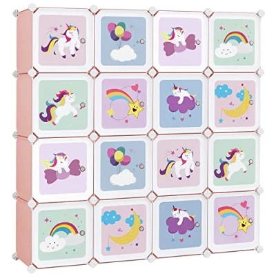 Afbeelding van Songmics LPC906P01 Modulaire kinderkast bestaande uit 16 dobbelstenen van kunststof met deuren voor kleding, schoenen en speelgoed, 123 x 31 cm, roze
