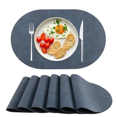 Afbeelding van Set van 6 wasbare placemats kunstleer, hittebestendig, antislip, voor eettafel, keuken, ovaal, donkerblauw