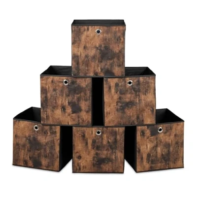 Afbeelding van Relaxdays opbergmand set van 6 30x30x30 cm opvouwbaar houtlook zwart bruin