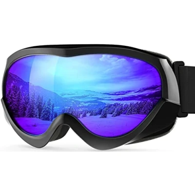 Afbeelding van OutdoorMaster skibril voor kinderen compatibel met helm jongens en meisjes 100% uv bescherming (zwart frame + grijze VLT glazen 15% REVO blauw