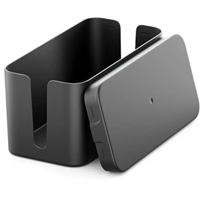 Afbeelding van deleyCON Kabelmanagementbox, kabelmanagementdoos, 23,5 cm x 11,5 cm, robuuste kunststof, 2 zijdelingse kabelgeleiders, bescherming en veiligheid, zwart