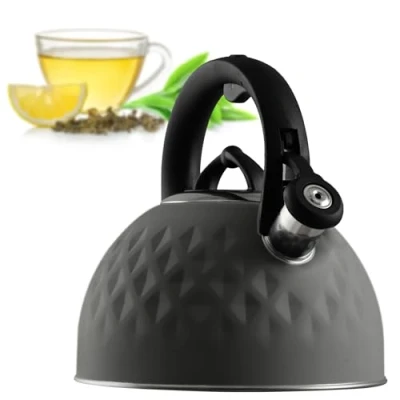 Afbeelding van KADAX waterkoker van geëmailleerd roestvrij staal met handvat, retro voor alle warmtebronnen, fluitketel, fluitketel (grijs, 2,5 liter)
