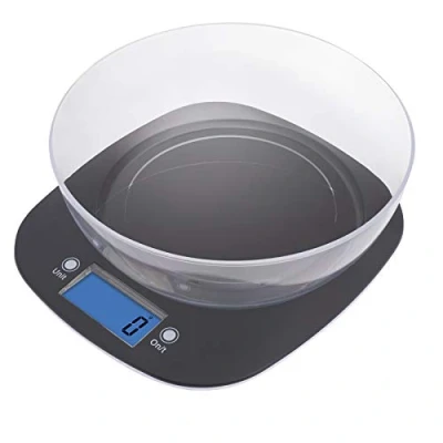 Afbeelding van EMOS EV025 Keukenweegschaal met kom/digitale weegschaal verlicht lcd display, tarwefunctie, voedselschaal, elektronische weegschaal, nauwkeurigheid tot 1 g/maximale belasting 5 kg, zwart