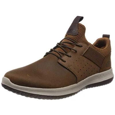 Image de Skechers Delson Axton Homme Baskets Enfiler Bas, Cuir Brun foncé, 44 EU