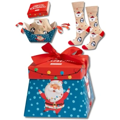 Afbeelding van soxo Kerstsokken voor mannen en vrouwen, cadeausokken in geschenkdoos, met strik, cadeau Kerstmis, 2 maten, Blauw