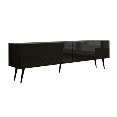 Afbeelding van Meuble TV : deux portes, étagères, Couleur noir mat/noir brillant, pieds noirs D L 170 cm, H 52 P 32 cm