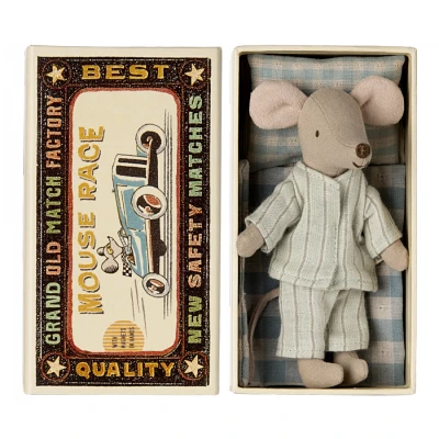 Afbeelding van Maileg knuffelmuis grote broer in luciferdoosje pyjama 13 cm