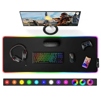 Afbeelding van Gimars XXL RGB gaming muismat, 800 x 300 mm, grote muismat met 12 led verlichtingsmodi, microgeweven stof, 5 mm dikke mat voor gamers, kantoor