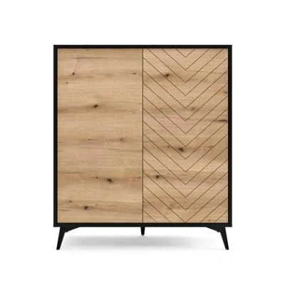 Afbeelding van Selsey BOULIA Hoge kast met twee deuren visgraat 104 cm zwart/eiken
