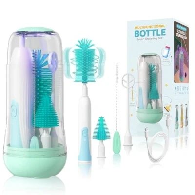 Afbeelding van Orzbow Elektrische flessenborstelset voor baby&#039;s, draagbare borstel met uv sterilisator flessen, melkschuim, rietborstel en tepelborstel, drooghouder groen