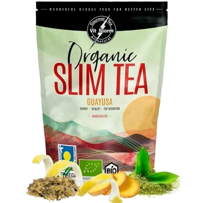 Afbeelding van SLIM TEA Guayusa Bio Energiedrank rijk aan cafeïne en antioxidanten, meer energie concentratie, groene thee, matcha, gember, zoethout, papaja, kardemom, losse kruidenthee, 100 g VITSTORM