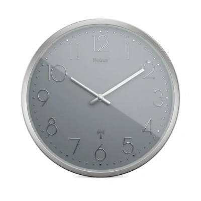 Afbeelding van Mebus TinyTime Radiogestuurde wandklok zonder tikkend geluid, diameter 25 cm, moderne grijze wijzerplaat, zilveren behuizing