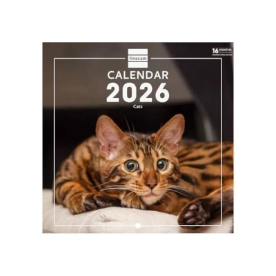Afbeelding van Finocam Wandkalender 2026, 18 x cm, 1 maand per pagina, januari december 2026 + zeven 2025 (4 maanden) verminderd Kalender Afbeeldingen Cats Internationaal