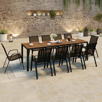 Afbeelding van NOUMEA tuinset Wood effect tafel 240 cm en 10 zwarte houten stapelstoelen