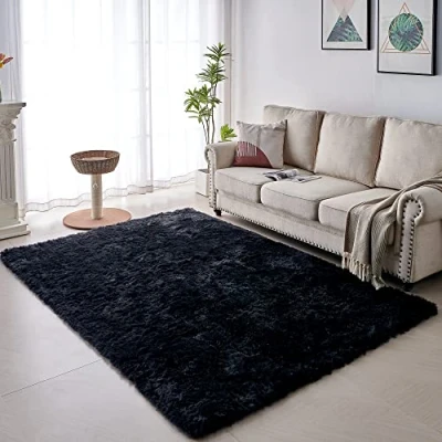 Afbeelding van Vofushon tapijt voor woonkamer, hoogpolig, slaapkamer, groot formaat, met antislip onderkant, decoratieve moderne stijl, bank (160 x 230 cm, zwart)