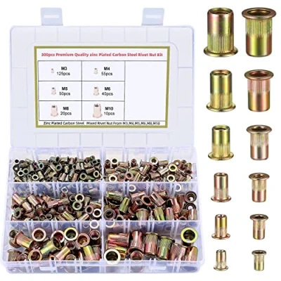 Afbeelding van 300 stuks klinknagelmoeren, koolstofstaal, krimpmoeren, verzinkt, blinde klinknagelmoeren met schroefdraad M3/M4/M5/M6/M8/M10