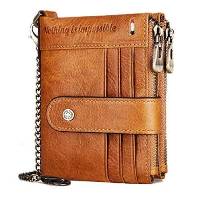 Afbeelding van REETEE bifold Herenportemonnee van echt leer, RFID blokkering, met ketting, portemonnee voor heren, 19 creditcardhouders en ritssluiting, muntvak, geschenkdoos, Bruin, Traditioneel