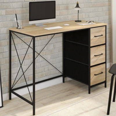 Image de Bureau 3 tiroirs en tissu UTAH bois et noir design industriel IDMarket