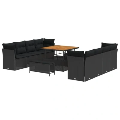 Afbeelding van vidaXL 11 Delige Tuinbank Set met Kussens Zwart Poly Rattan Acacia