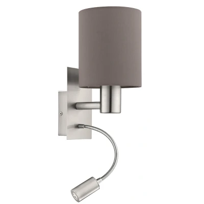 Afbeelding van EGLO led wandlamp PASTERI, 2 lichtbronnen textiel wandarmatuur, materiaal: staal, stof, kleur: nikkel mat, antracietbruin, fitting: E27, incl. schakelaar en flexibel leeslampje