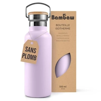 Afbeelding van Bambaw® 500ml RVS Thermosfles Isoleerfles, Dubbelwandig, Lekvrijen, loodvrij en Plasticvrij Geïsoleerde Fles met Bamboe Deksel voor Warme Koude Dranken Ideaal Reizen, Werk, Yoga, Wandelen Dagelijks Gebruik violet