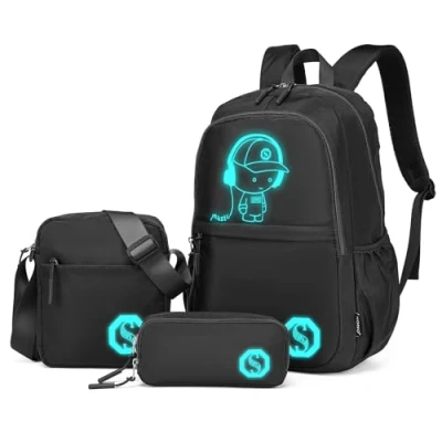 Afbeelding van Kono lichtgevende schoolrugzak, 3 in 1 set, schooltas voor jongens, anime, met schoudertas en etui, laptoprugzak 15,6 inch studenten, tieners, meisjes, zwart., delige rugzak