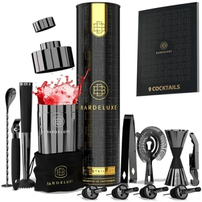 Afbeelding van Cocktailset, 17 delig, barkeeperset, cocktailmixerset, 750 ml cocktailshaker roestvrij staal, cocktailshakerset, bartender set, luxe cocktailcadeauset, tas &amp; receptenboek (zwart)