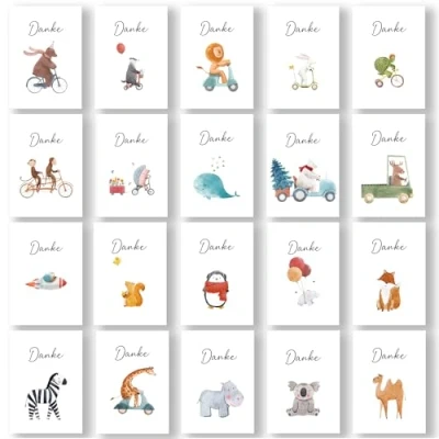 Afbeelding van Biroyal 24 bedankkaarten met diermotieven op de voorkant, blanco wenskaarten enveloppen voor collega&#039;s, vormsel, bruiloft, Kerstmis, babyshower