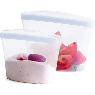 Afbeelding van Stasher Herbruikbare siliconen opbergtas, set van 2 kommen (transparant), voedselbereidingscontainers, lunch, reizen, make up, gymtas, vriezer, oven