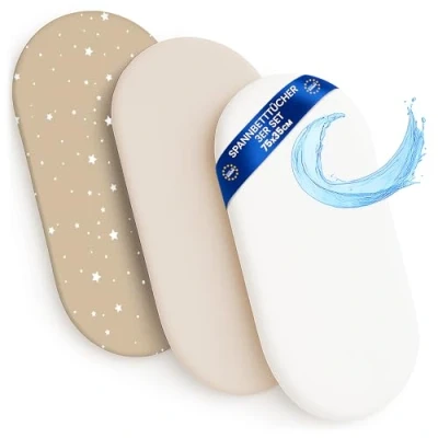 Afbeelding van Cododo Hoeslaken voor reiswieg, 2 stuks, 3 stuks: 75 x 35 cm, met matrasbeschermer, waterdicht, babymatrasbeschermer, compatibel wiegen, kinderwagen, kinderwagen