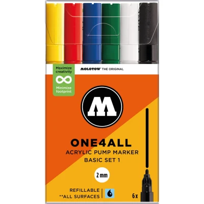 Afbeelding van Molotow ONE4ALL Acrylstiften Set van 6 Basis tinten Acryl markers 2mm breed hervulbaar alle ondergronden