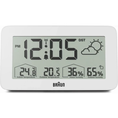 Afbeelding van Braun BC13WP DCF Weerstation LCD scherm Achtergrondverlichtingsfunctie Vochtigheid Weergegevens Weervoorspelling Radiogestuurde functie 12/24 uur modus Wekkerfunctie Snooze Wit