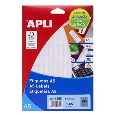 Afbeelding van Apli Witte Etiketten Print &amp; Write Ft 8 X 20 Mm (b H), 1.890 Stuks, 126 Per Blad (1858) Etiket