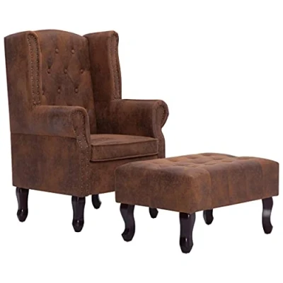 Afbeelding van Fauteuil en voetenbank Chesterfield stijl kunstsuède bruin