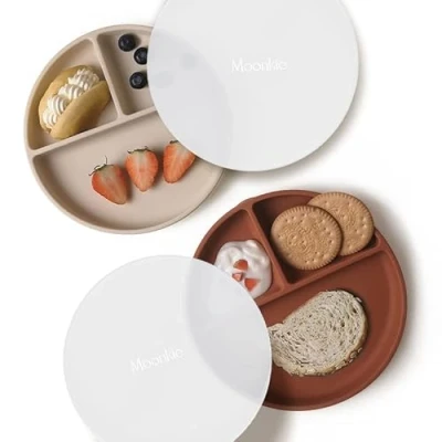 Afbeelding van Moonkie Zuigborden voor baby&#039;s en peuters, scheidingsborden van BPA vrije siliconen met deksel, magnetron vaatwasmachinebestendig, 2 stuks (Shifting Sand/Croissant)