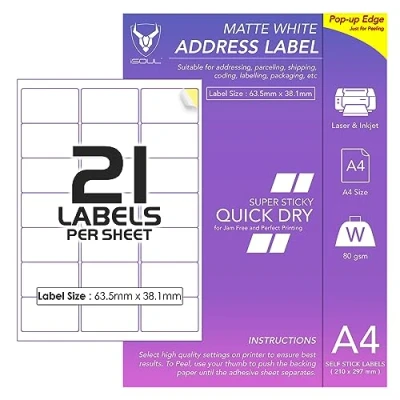Image de 21 étiquettes par feuille A4, 50 feuilles de 1050 autocollantes imprimables, papier autocollant iSOUL mat, pour adresse, expédition, affranchissement, imprimante laser et jet d&#039;encre