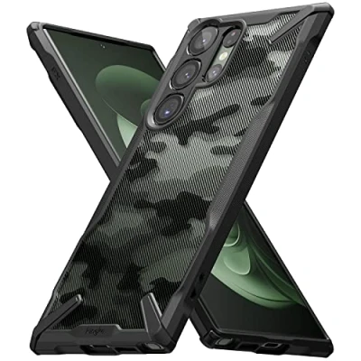 Afbeelding van Ringke Fusion X Beschermhoes compatibel met Samsung Galaxy S23 Ultra 5G (2023), transparante harde achterkant versterkte schokbestendige zijschaal, zwart camouflage