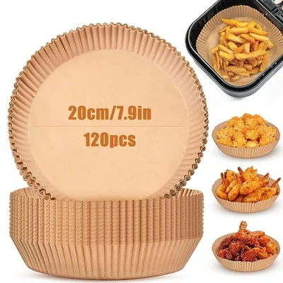 Afbeelding van OTraki 120 vellen bakpapier voor heteluchtfriteuse, rond, 20 cm, bakpapier, oliebestendig, anti aanbaklaag, airfryer, perkamentpapier, koekenpan