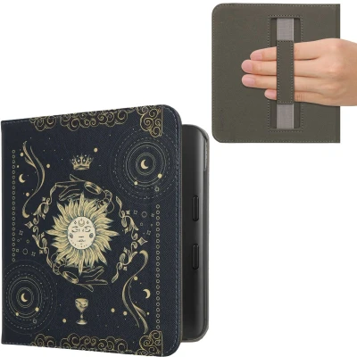Afbeelding van kwmobile E reader hoesje geschikt voor Kobo Libra Colour hoes flip case met magneetsluiting Ereader cover Tarotkaart design in donkerblauw / geel zwart
