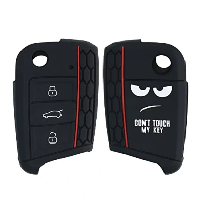 Afbeelding van kwmobile Autosleutel hoesje geschikt voor VW Golf 7 MK7 3 knops behuizing in wit / zwart Don&#039;t Touch My Key design