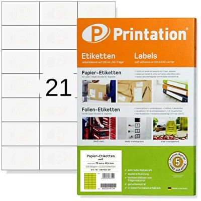 Afbeelding van Printation Etiketten 70 x 42,4 mm zelfklevend wit 525 stickers op 25 vellen A4 3 7 21 internetmerk letteretiketten 4470 3652 8634 5054 4668 4616