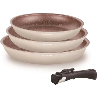 Afbeelding van Kookgerei Alle warmtebronnen inclusief inductie ARTHUR MARTIN AM4754 Set van 3 koekenpannen 20 24 28 cm + 1 afneembare handgreep