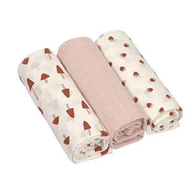Image de LÄSSIG Couverture Puck pour bébé Tissu de gaze Ensemble 3 pièces en coton 85 x cm/Swaddle &amp; Burp Blanket L Little Forest powder pink