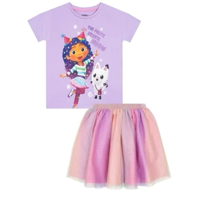 Afbeelding van DreamWorks Gabby&#039;s Dollhouse Rok en T shirt voor meisjes meisjeskleding paillettenrok meisjes, Paars.