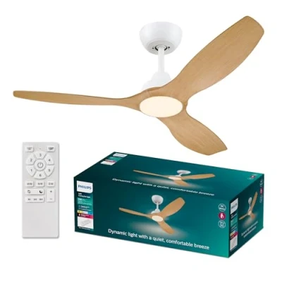 Afbeelding van Philips Olas Ventilator Energiezuinige LED verlichting Plafondlamp Instelbare kleurtemperatuur 24W 132cm diameter Afstandsbediening Wit met houtlook