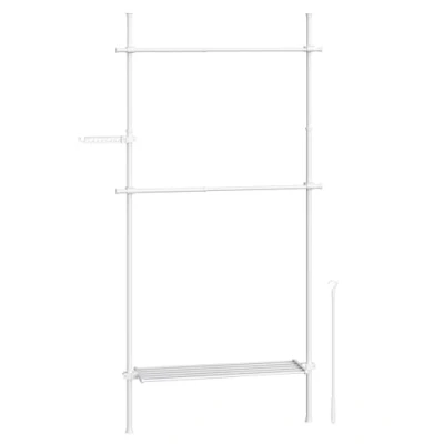 Afbeelding van SONGMICS Kledingrek van vloer tot plafond, stabiele kledingkast, opslag met 3 niveaus, uittrekbaar rek, 1 rij, 2 stangen, plank, ophangstang, mat wit HSR136W01