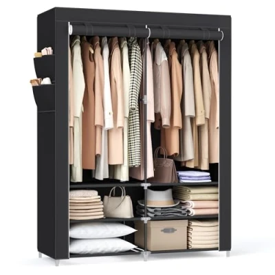 Afbeelding van SONGMICS Stoffen kast 45 x 127 176 cm, 2 hangvakken met planken, 4 zijzakken, veel ruimte voor slaapkamer, woonkamer, zwart RYG008B02