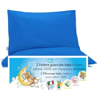 Afbeelding van 4BABIES Kussensloop 40 x 60 cm voor kinderen 2 kussenslopen babybed en bed van 100% puur katoen, gemaakt in Italië, met envelopsluiting, Öko Tex gecertificeerd kinderbeddengoed blauw