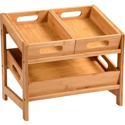 Afbeelding van Kesper Keuken aanrecht etagiere 2 niveaus bamboe rekje/organizer 39 x 26 35 cm lichtbruin fruitschaal kruidenrek uitneembare bakjes