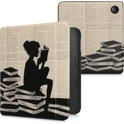 Afbeelding van kwmobile hoes geschikt voor Kobo Libra 2 Magnetische sluiting E reader cover in zwart / beige Meisje met boeken design
